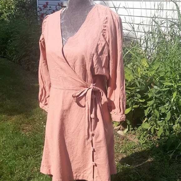 Moon🌛RiverCOTTON Dusty🎀PinkLong Sleeve Wrap Dress SIZE L Mini - Picture 6 of 12